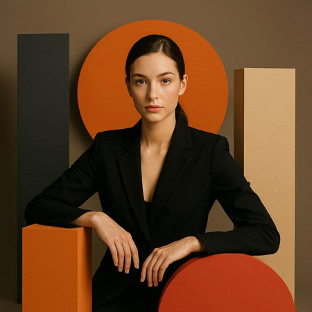 Beautiful young brunette woman in a black business suit sitting on an orange chair.