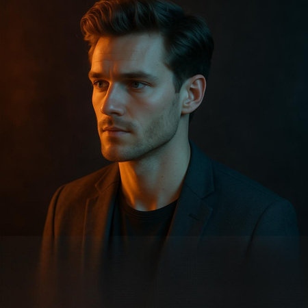 Portrait of a handsome young man in a dark room. Men's beauty, fashion.