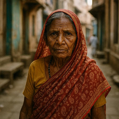 Portrait of an old indian woman in the street.