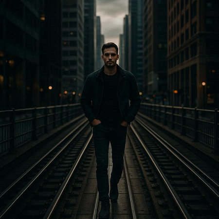 Handsome young man in black jacket and jeans walking on railroad tracks.