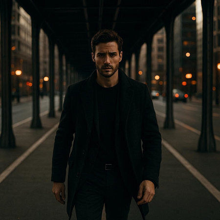 Handsome young man in a black suit with a beard is walking in the evening city.