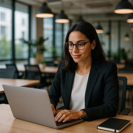 Image of young businesswoman in eyeglasses using laptop while sitting in cafe indoors.
