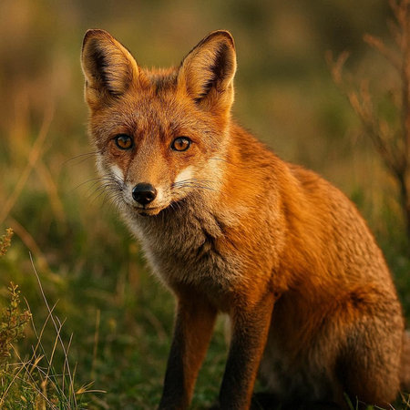 Red fox (Vulpes vulpes) sitting in the grass