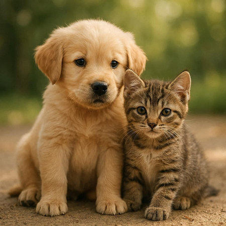 Golden Retriever puppy and tabby kitten sitting on the ground.