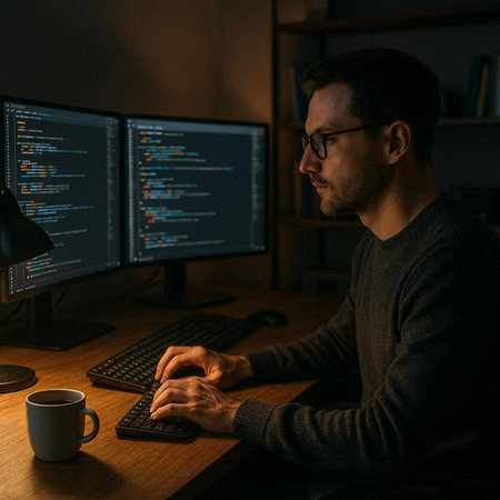 Side view of concentrated programmer working on computer at night in dark office