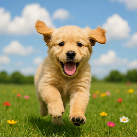 Cute Golden Retriever Puppy Running in the Green Grass