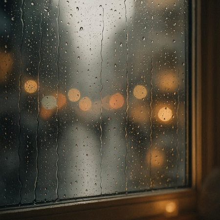 Raindrops on the window with blurred city lights in the background.