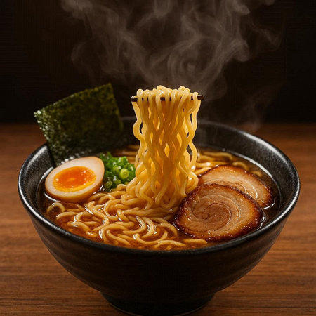 Japanese ramen noodle soup in black bowl on wooden table.