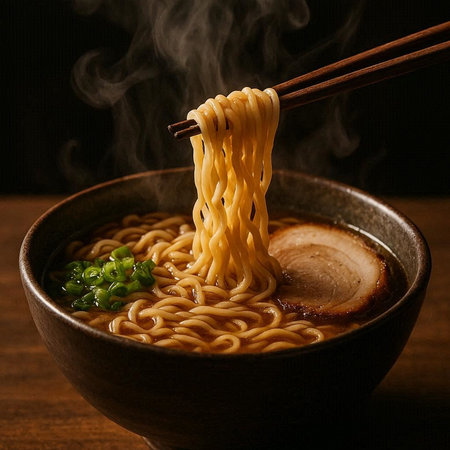 Japanese ramen noodles in bowl with chopsticks on wooden table.