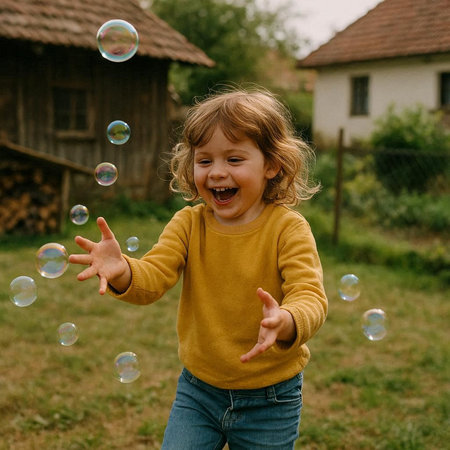 Cute little girl playing with soap bubbles outdoors. Happy child having fun in the backyard.