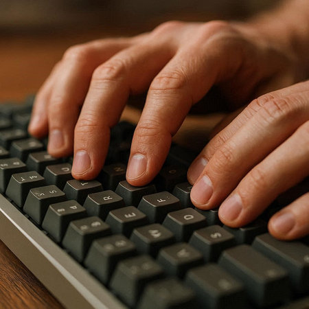 Hands typing on computer keyboard. Close-up photo of male hands typing on keyboard.
