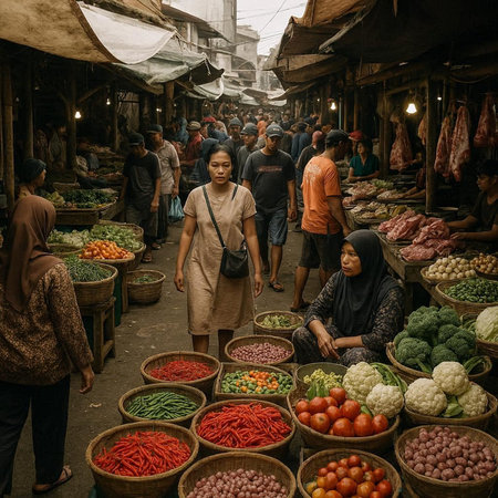 View of unknowns Nepali people selling vegetables at the street market in Kathmandu in the morning