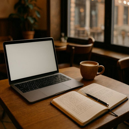 Laptop with blank screen and coffee cup on wooden table in cafe