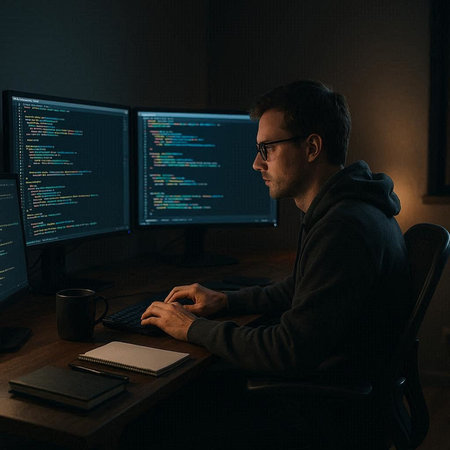 Side view of hacker sitting at table in dark room and working on computer