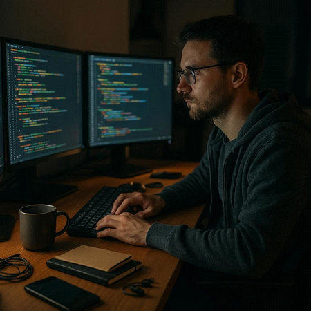Side view of concentrated man in eyeglasses working on computer at night