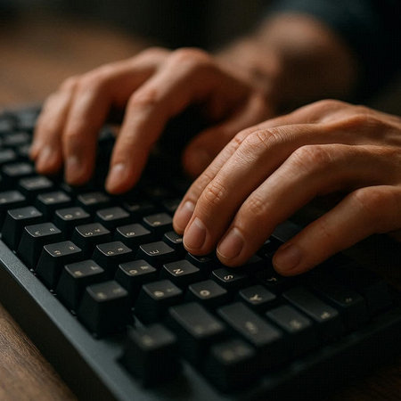 Hands typing on a computer keyboard. Close up of male hands typing on a computer keyboard.