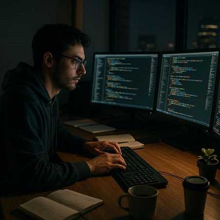 Programmer working late at night in front of a computer screen.