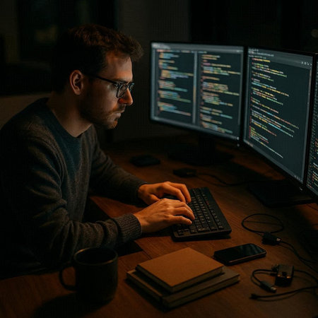 Side view of concentrated programmer in eyeglasses working on computer at night