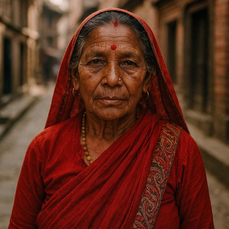 Portrait of an old Nepali woman in the street of Kathmandu in the afternoon