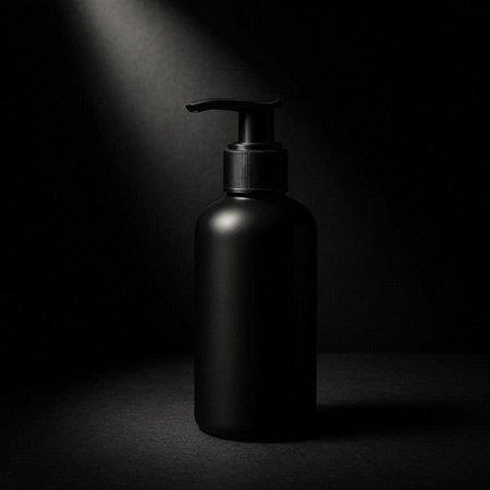 Mockup of a black cosmetic bottle on a dark background.