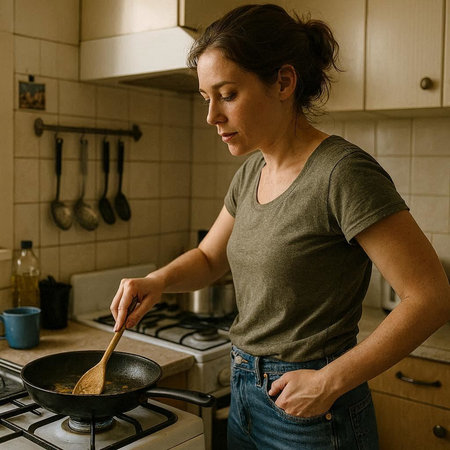 Young woman cooking in the kitchen at home. The concept of a healthy lifestyle.