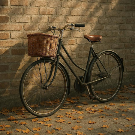 Vintage bicycle with basket and autumn leaves in front of brick wall