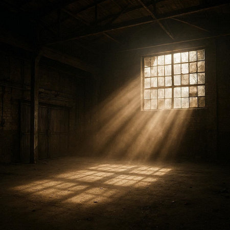 Interior of an old barn with sunlight coming through the window.