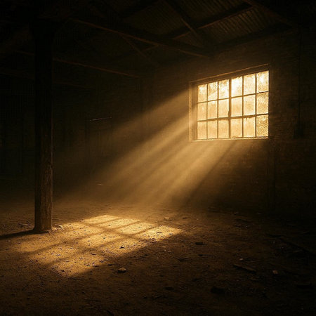 Sun rays coming through the window of an old abandoned building in the dark