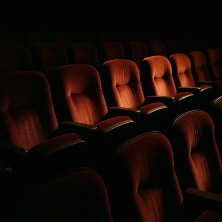 Cinema movie theater auditorium with rows of seats. Backlight