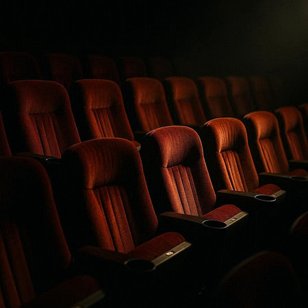 Cinema auditorium with rows of seats illuminated with spotlights