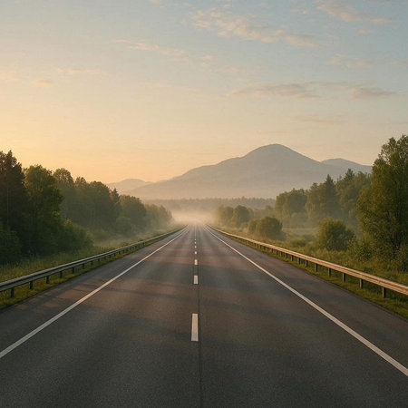 Asphalt road and foggy mountains in the background at sunrise.