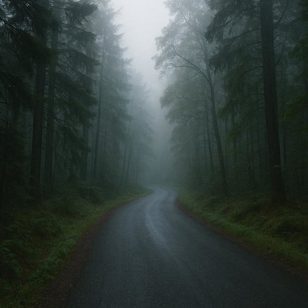 Road in the misty forest. Dark road in the fog.