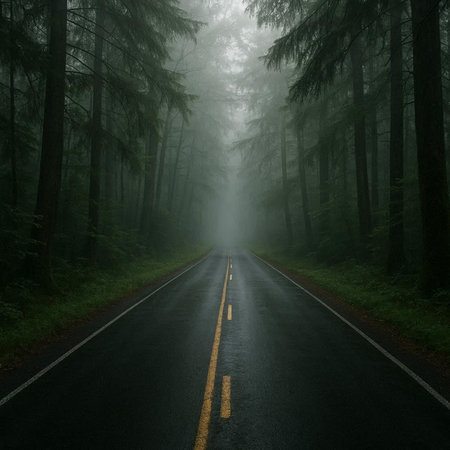 Mysterious road in the forest in a foggy day.
