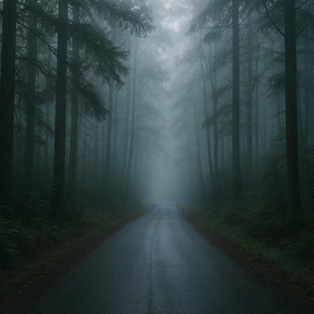Mysterious dark forest road in a foggy morning. Dark forest road in a fog.