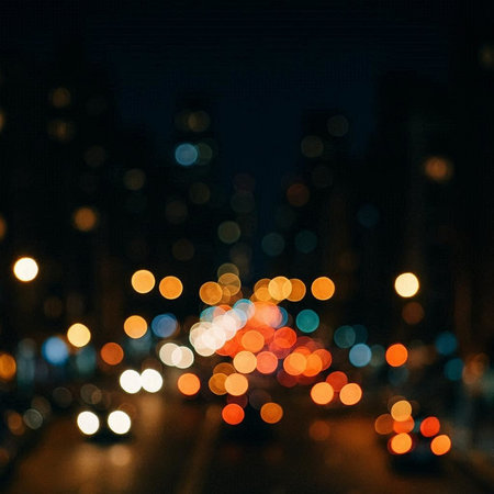 Defocused urban abstract background. Bokeh lights on the road.