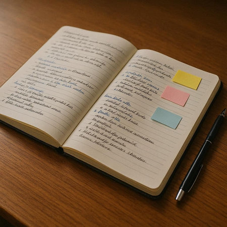 Notebook and pen on a wooden table. Notebook and pen.