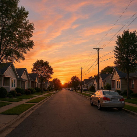Sunset in a suburban neighborhood in the United States of America.