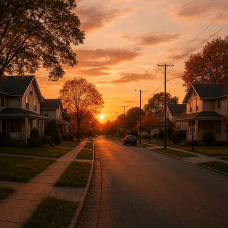 Sunset in a suburban neighborhood of New York City, USA.の写真素材