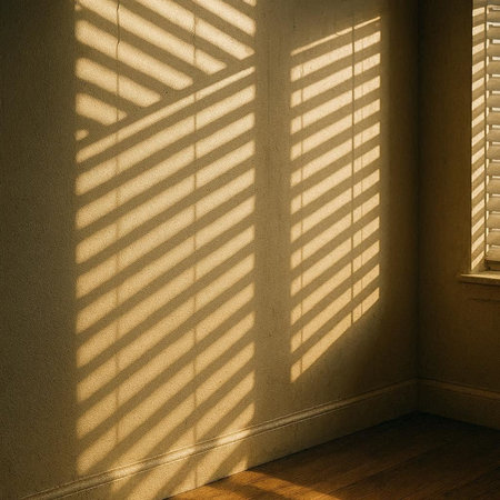 Sunlight through the blinds on the wall of the room.