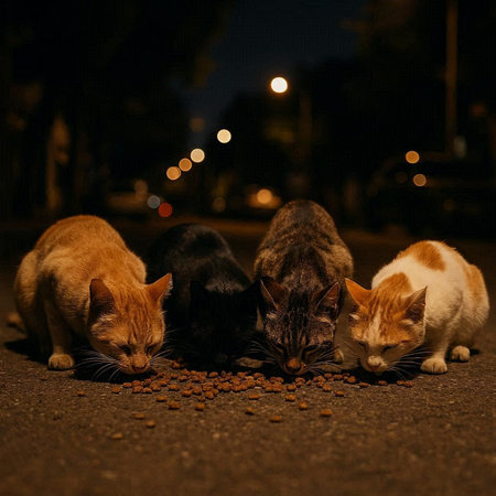 Cats eating food in the street at night. Selective focus.
