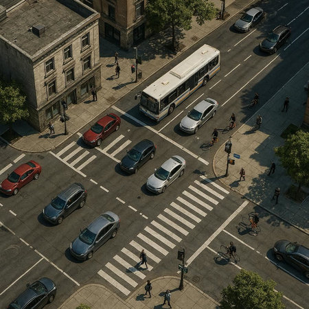 Aerial view of a crosswalk and traffic in the city.