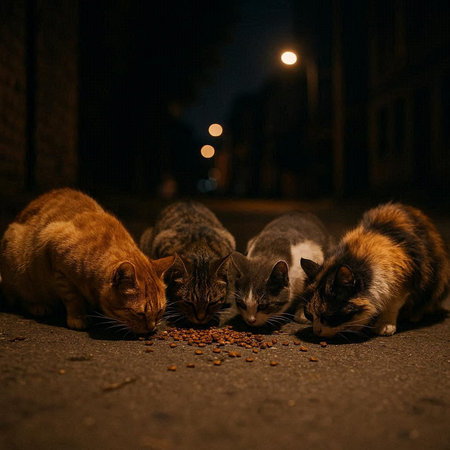 Homeless cats eating food on the street at night. Selective focus.の写真素材