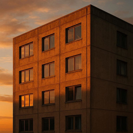 Modern apartment building at sunset. Fragment of a modern apartment building.