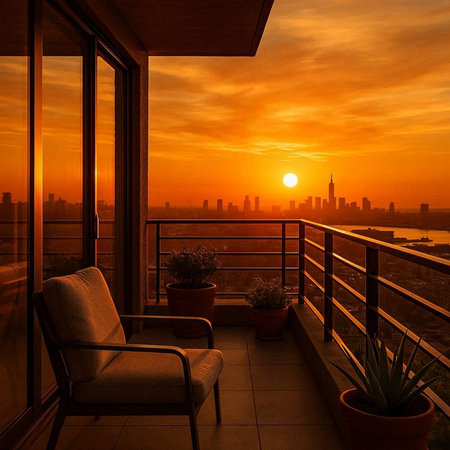 Beautiful view of a balcony with a view of the city at sunriseの写真素材