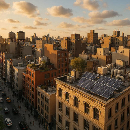Aerial view of New York City at sunset with solar panels and buildings