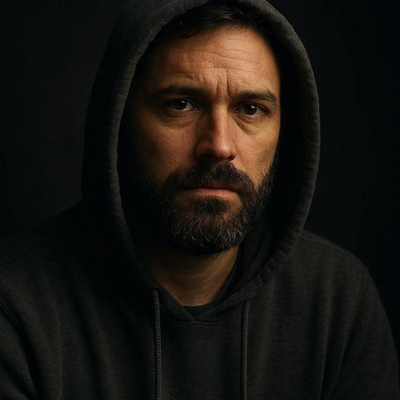Portrait of a mature man with a beard in a hood on a dark background