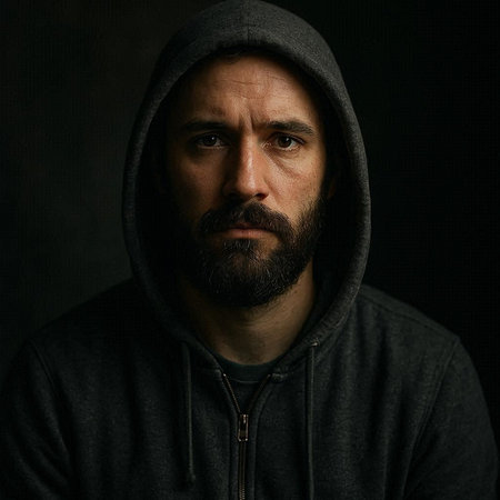 Portrait of a man in a hooded sweatshirt on a dark background