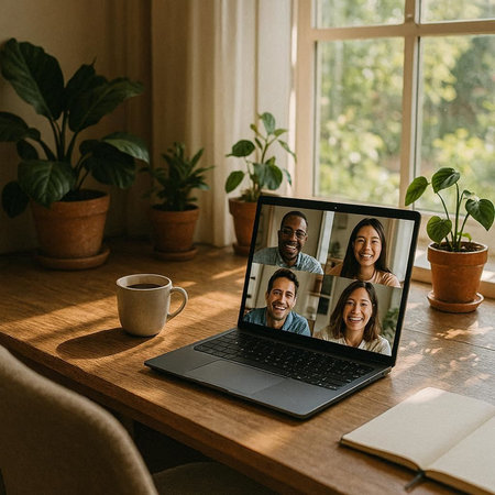 Front view of a laptop with a group of diverse people having a video call at home