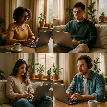 Collage of young multiethnic people using laptops while sitting at table in cafe