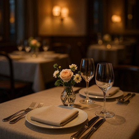 Elegant table setting in a restaurant. Table decoration in a restaurant.
